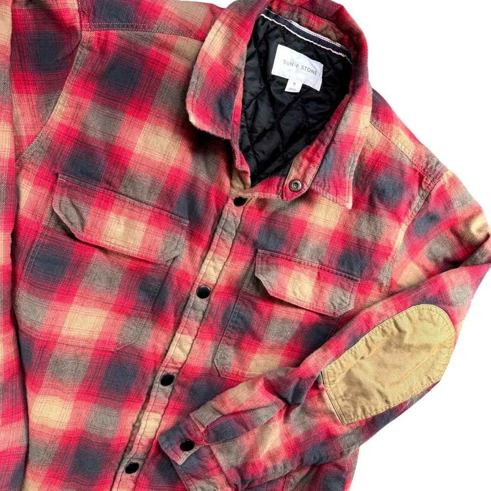 Sun Stone Flannel Shirt Jacket Mens XL Red Plaid Quilted Lining Elbow Patches